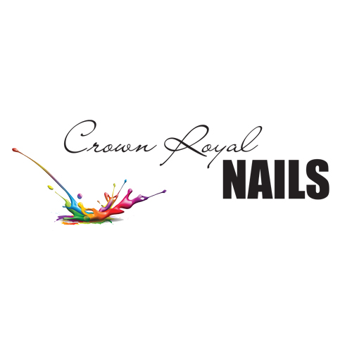 Logo for "crown royal nails" featuring stylized text accompanied by a colorful splash of nail polish.