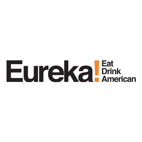 Logo of "eureka! eat drink american" featuring bold black text for "eureka!" with an orange exclamation mark, and smaller text stating "eat drink american" below.
