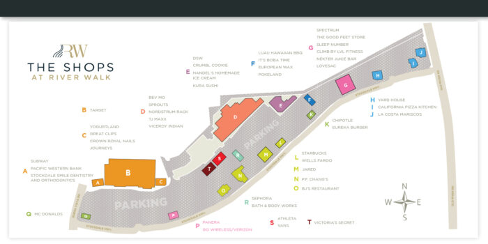 Alt text: illustrated map of the shops at river walk showing various stores like target, sprouts, and starbucks, laid out along a winding path by a river, with labeled parking areas and a compass indicating north.