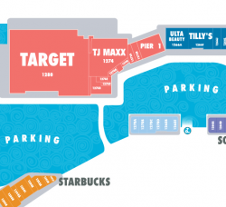 Illustrative map of a shopping center with labeled stores including target, tj maxx, pier 1, ulta beauty, and tilly's, along with a starbucks and a designated parking area.