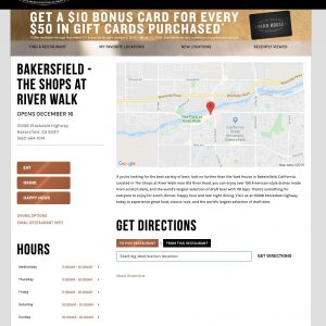 Screenshot of a yard house restaurant website page showing opening details for a new location at the shops at river walk, bakersfield, with a map, address, hours, and navigation buttons.