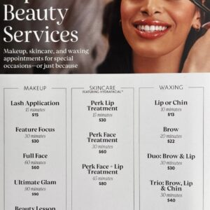 Promotional image for sephora beauty services featuring a smiling woman. the image includes text listing various services and prices such as makeup application, skincare treatments, and waxing options.