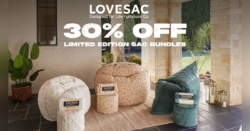 Promotional image for lovesac furniture featuring a 30% discount on limited edition sac bundles. the image shows plush sacs and footsacs in a cozy home setting with plants and stone walls.