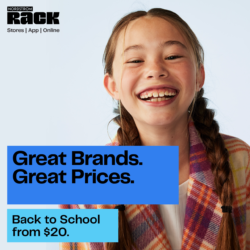 A smiling young girl with braided hair, wearing a colorful plaid shirt. The image features text reading "Great Brands. Great Prices." and "Back to School from $20." The Nordstrom Rack logo is in the top left corner with "Stores | App | Online" written beneath it.