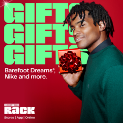 A person in a green sweater holds a gift wrapped with a red bow. The background features the words "GIFTS" in large green letters and "Barefoot Dreams®, Nike and more." at the bottom. Nordstrom Rack logo is displayed at the bottom corner.