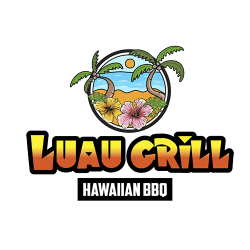 Logo for Luau Grill Hawaiian BBQ featuring palm trees, a sunset, ocean waves, and hibiscus flowers within a circular design, with bold orange and yellow lettering below.
