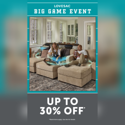 A man and woman sit on a beige sectional sofa in a bright living room, watching TV and eating snacks. Text above says "Lovesac Big Game Event" and below says "Up to 30% Off.
