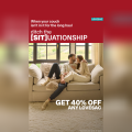 A couple sits closely together on a beige sectional sofa in a bright living room. The text above promotes a 40% off sale on Lovesac furniture, suggesting to "ditch the [SIT]UATIONSHIP.