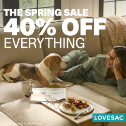 A woman lounges on a beige couch, smiling and reaching toward a beagle dog. A tray with breakfast and a newspaper sits on the ottoman. Text reads: "THE SPRING SALE 40% OFF EVERYTHING* LOVESAC.