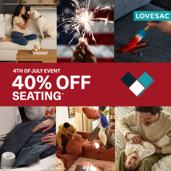 A collage featuring people sitting on couches, playing with pillows, cleaning stains, and a dog with a woman, with text: "4th of July Event, 40% Off Seating*" and the Lovesac logo.